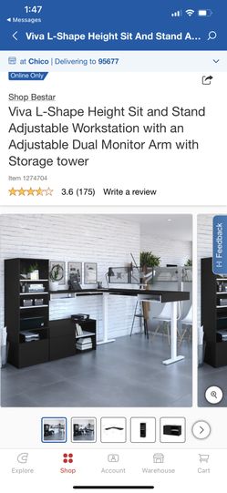  Viva L-Shape Height Sit and Stand Adjustable Workstation with an Adjustable Dual Monitor Arm with Storage tower