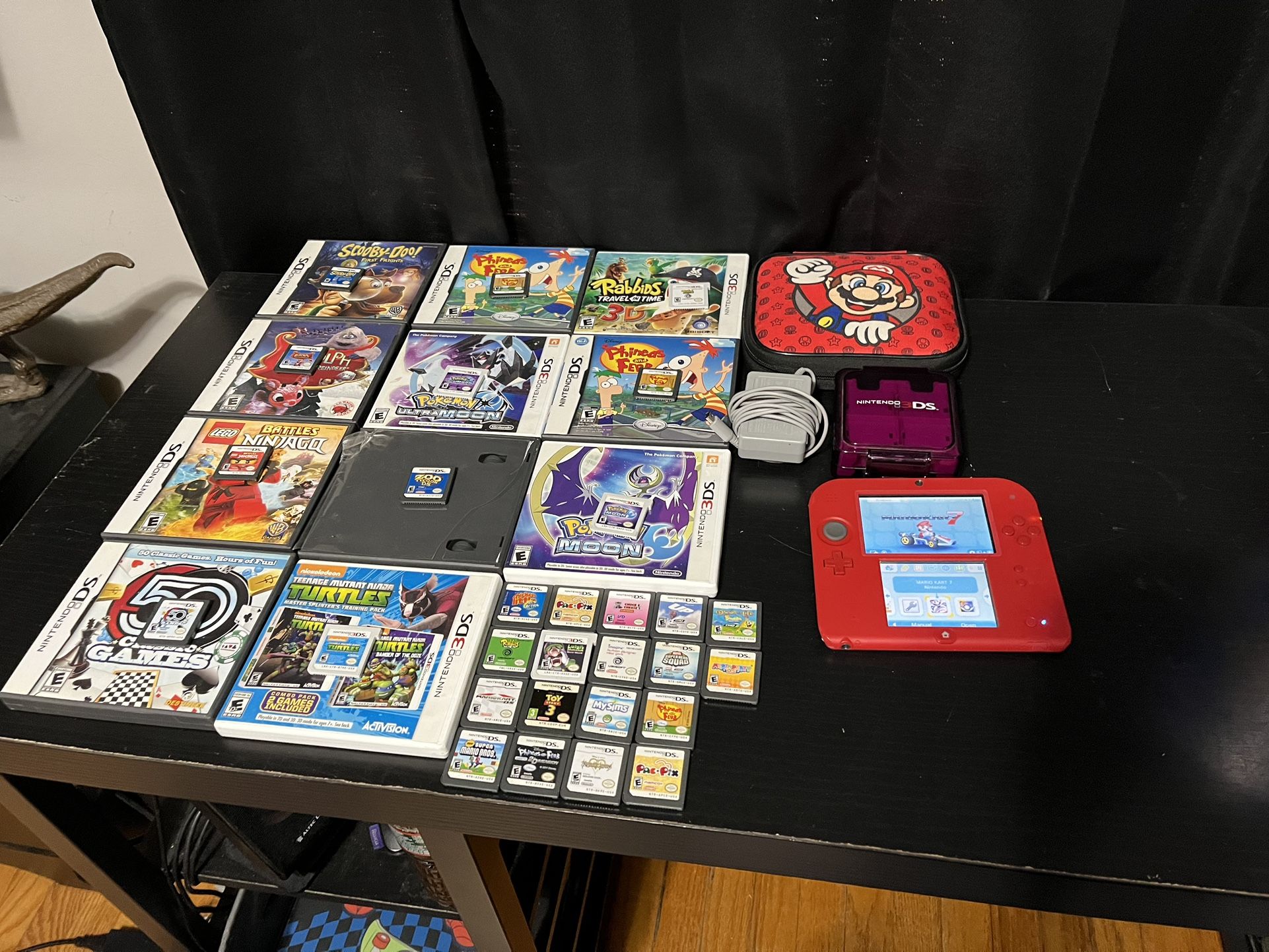 (READ DESCRIPTION) 27 Games Rare Red Crimson Used 3ds Switch Nintendo 2ds 2011 Stylus Charger Case Mario Kart 7 Rare Bundle