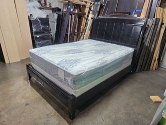 Queen Bed Frame with Upholstered Headboard and Mattress