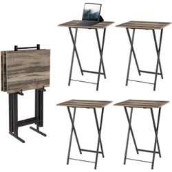 LIKE NEW 4 Brown Folding TV Trays Set w Stand / TV Dinner Tables Foldable Snack Side Table l
