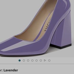 MERRORI Women's Lavender Patent Block Square Toe Solid Slip On Chunky High Heel Pumps Shoes