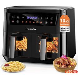 Brand new 10QT Large Dual Basket Air Fryer with Viewing Window and 50pcs Paper Liners