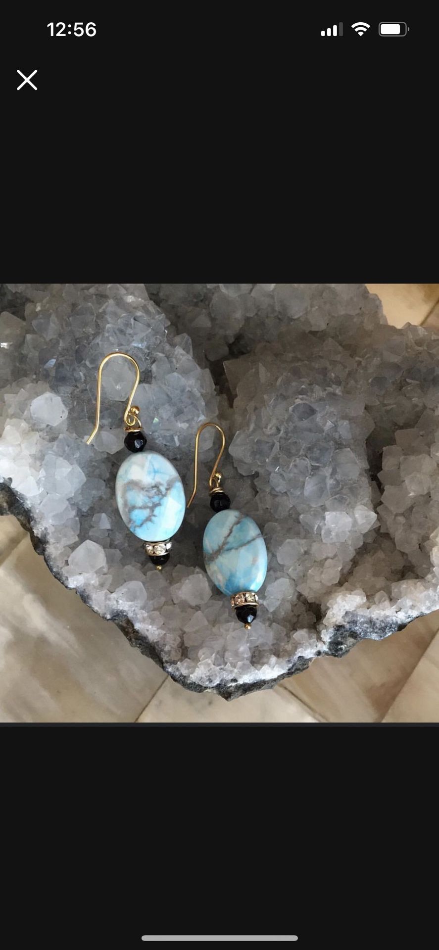 Turquoise Drop earrings! Tiny Black Onyx, And Swarovski Crystal Spacer, Gold plated hoop 