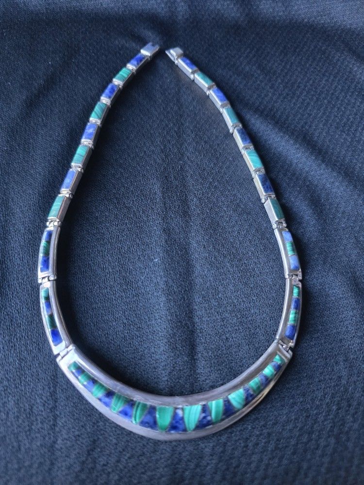 Vintage Mexico 950 Sterling Choker Lapiz And Malachite