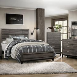 Brand New Gray Queen Bedframe, Dresser, Mirror, Nightstand 4PCs Bedroom Set