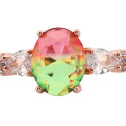 Oval Watermelon Tourmaline & Topaz Rose Gold Ring, Size 7 142