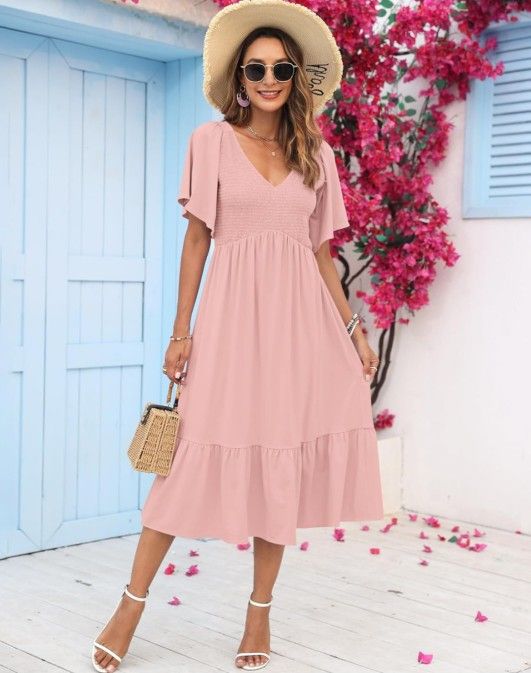 AUSELILY Women's Summer Empire Waist Dress Smocked Flutter Short Sleeve V Neck Midi Dresses 2025 New