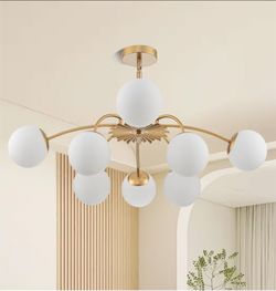 8-Light Gold and White Sputnik Chandeliers (32.9" Diameter) with Milk Glass Bubble Pendant Light Fixture, Blossom Accent Mid Century Sunburst Chandeli