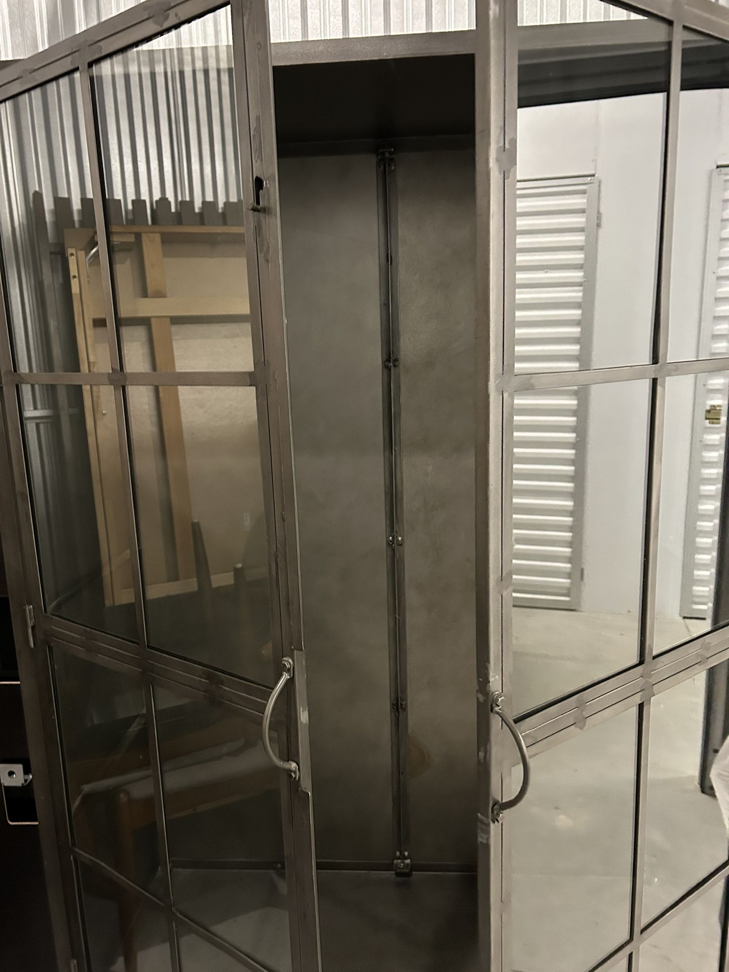 World Market Large Metal And Glass Doors Cabinet. 3 Wood Shelves.