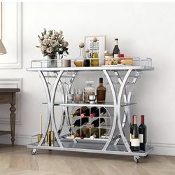 Silver Bar Carts with Glass Holders & Wine Rack, 3 Tier Home Bar Serving Carts with Glass Shelves, Metal Rolling Bar Carts for The Home Kitchen, Party