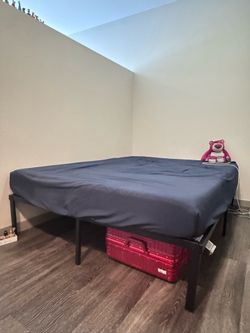 Queen mattress, bed frame, duvet blanket