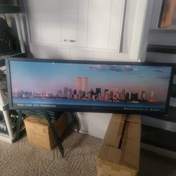 Panoramic Framed New York City Manhattan At Dawn. Twin Towers. 56 X 19