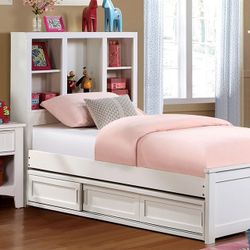 Brand New White Twin Size Bed Frame w Bookcase Headboard + Storage Drawers 