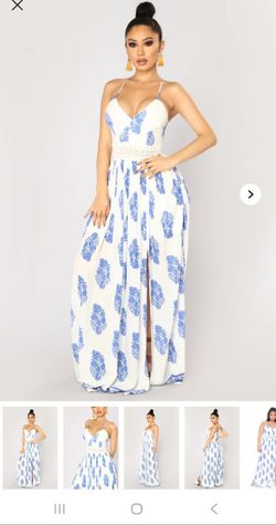 Long Slit Dress - White/Royal