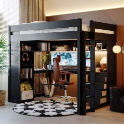 Aurell Full Size Loft Bed with L-Shaped Desk, Storage cabinets, LED Light Strip and USB Ports