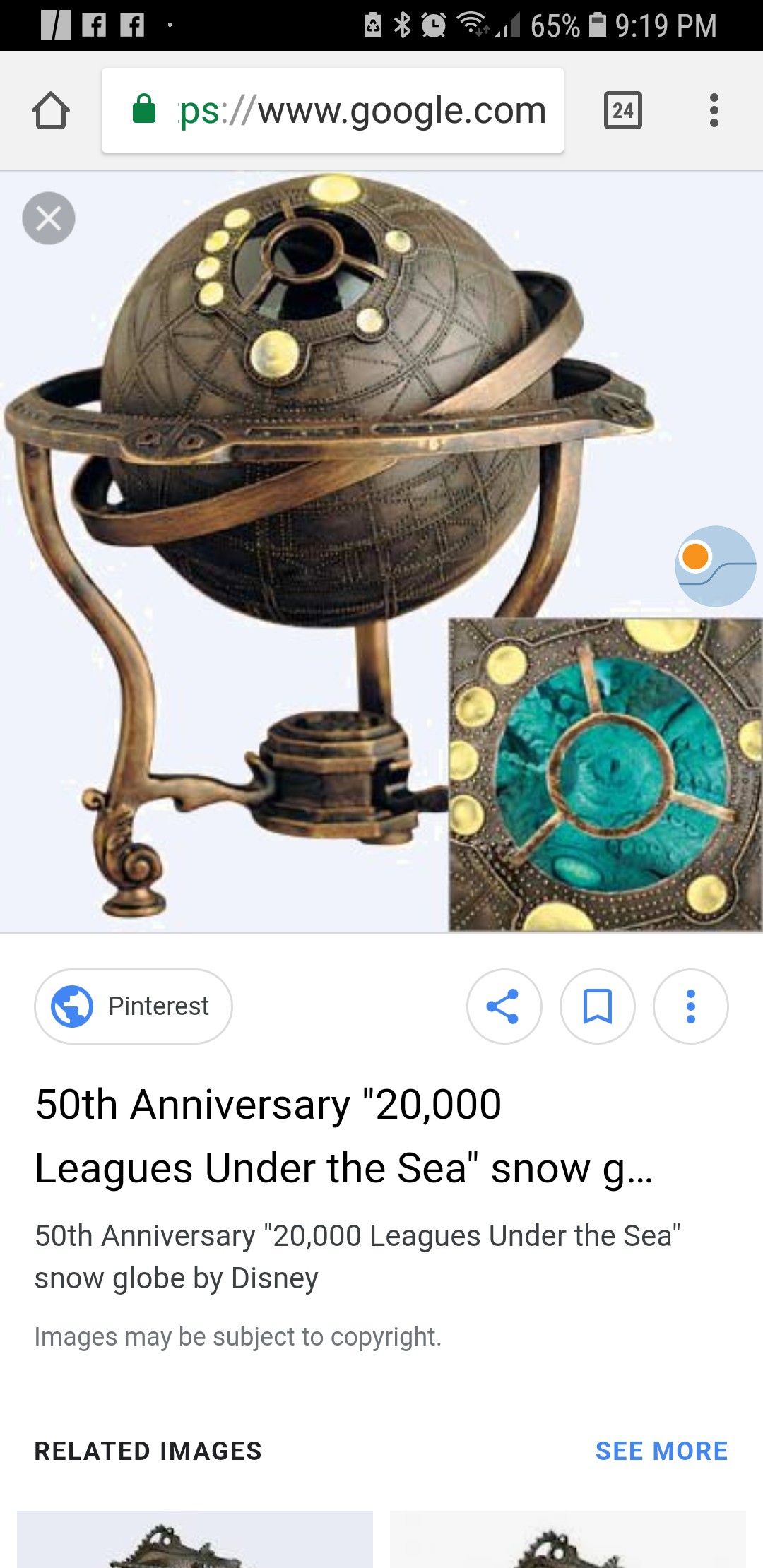 RARE! 50th Anniversary Disney's 20,000 Leagues Under the Sea Snow Globe