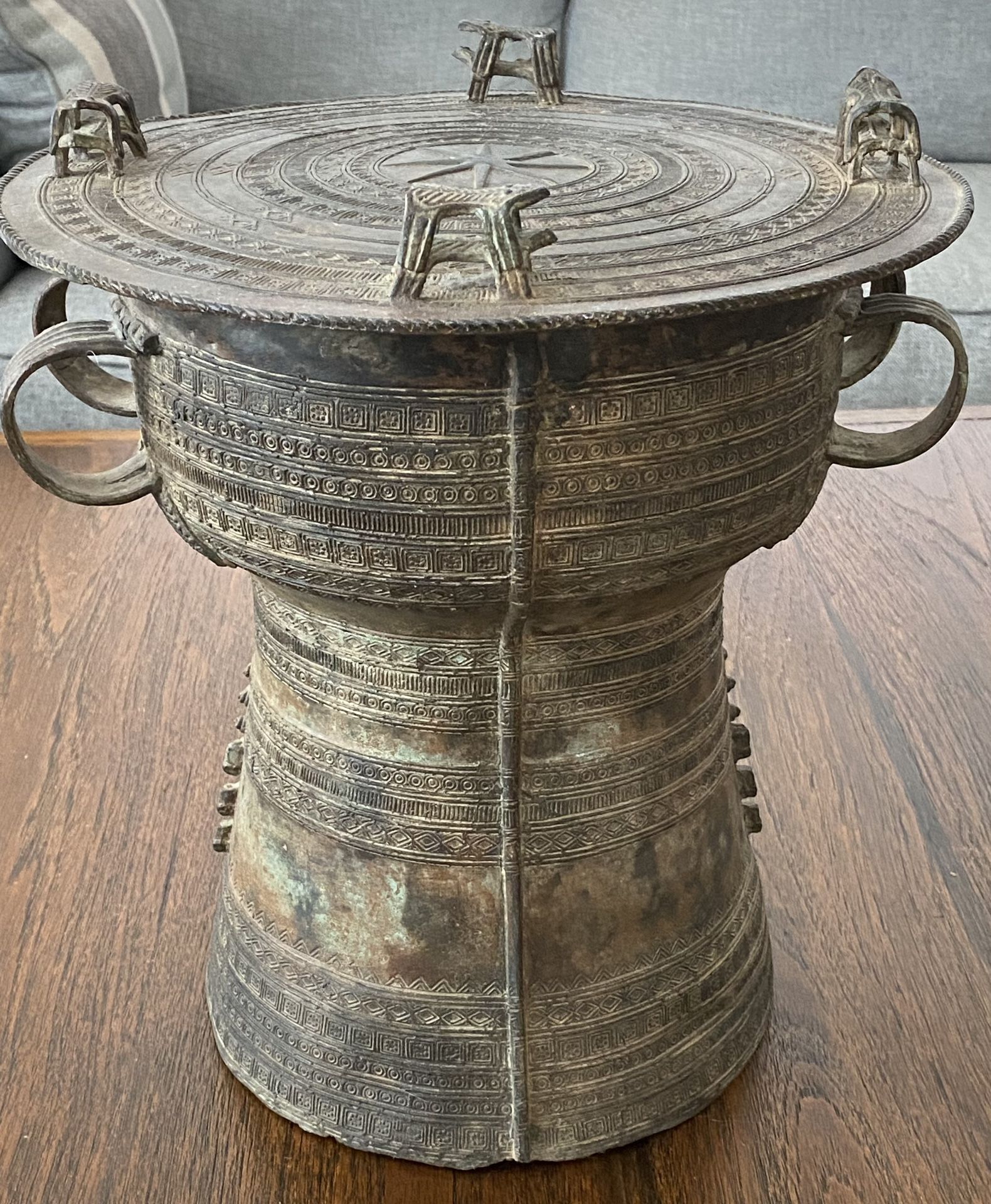 Bronze Rain Drum Table Purchased In Thailand. Beautiful Patina. 15” Tall x 12” Diameter. 18.5 Pounds.