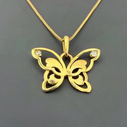 14K Solid Yellow Gold CZ stone Butterfly charm pendant & box chain ladies Necklace 19” 0.5mm