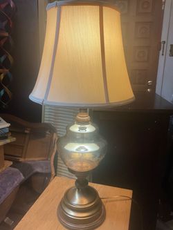 Vintage Brass & Etched Amber Glass Table Lamp with Fabric Shade – 1970s Colonial Style