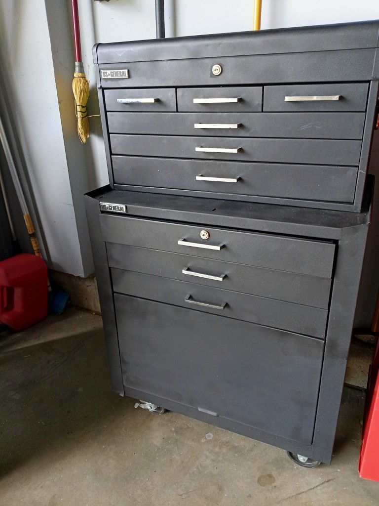 Pair of black US General Tool Boxes on Wheels