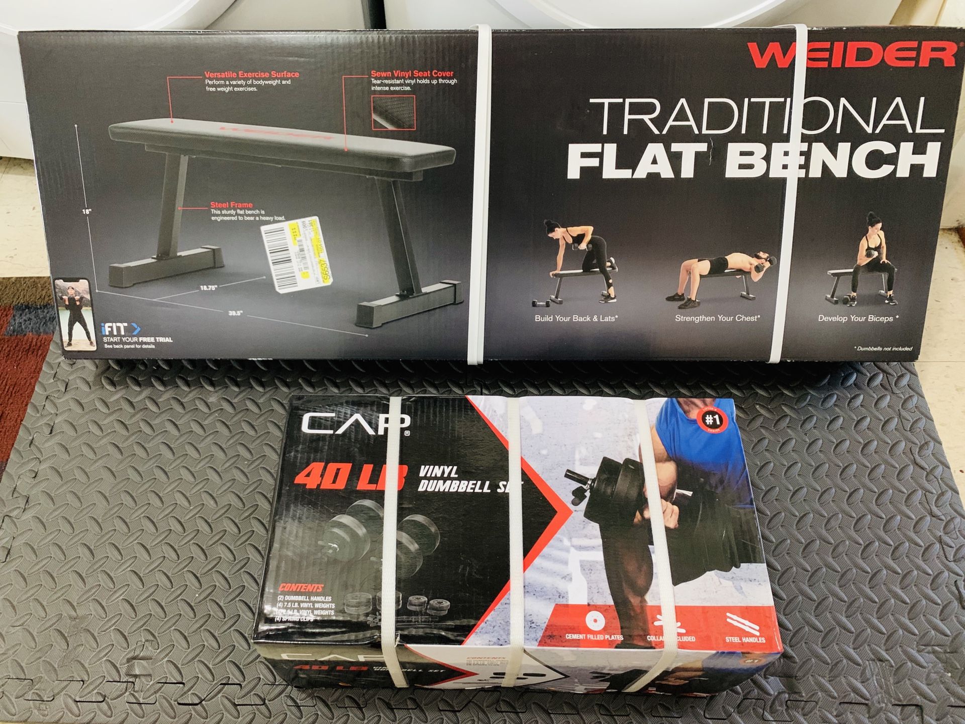 All Brand New🎁 Flat Bench + CAP 40 lbs Dumbbells Set🏋️‍♂️💪🏼