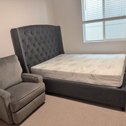 Queen Bed Frame, Box Spring, Mattress & Swivel Recliner 