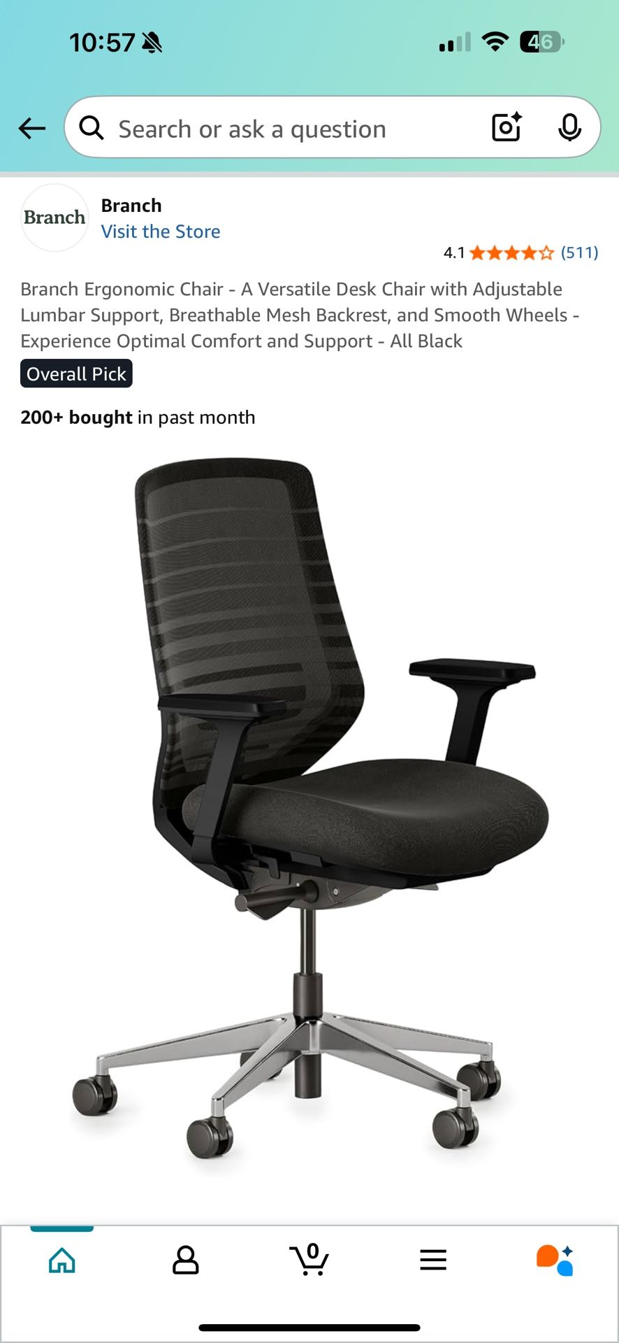Brand New Black Branch Mesh Back Ergonomic Office Chair w/Adjustable Armrests & Lumbar Support