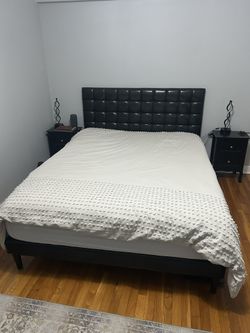Queen Platform Bed Frame with Square Stitched Headboard, Faux Leather, Black