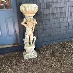 Vintage Colorful Carved Wood & Plaster Covered Garden Decor Planter Yard Art