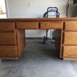 Solid oak desk and matching upper cabinet