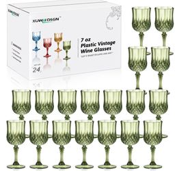 24 Pcs 7oz Plastic Vintage Wine Glasses Drinking Glasses Unbreakable Wedding Glassware Crystal Water Goblets Reusable Drinkware Vintage Champagne Flut