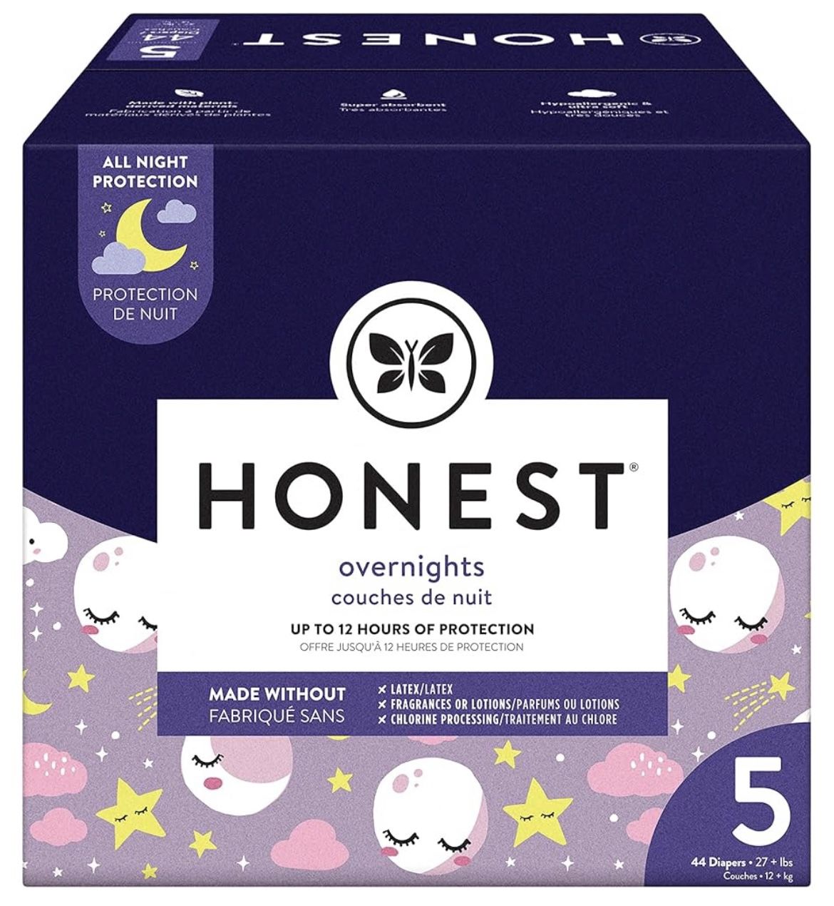 The Honest Company Clean Conscious Overnight Diapers | Plant-Based, Sustainable | Starry Night | Club Box, Size 5 (27+ lbs), 44 Count