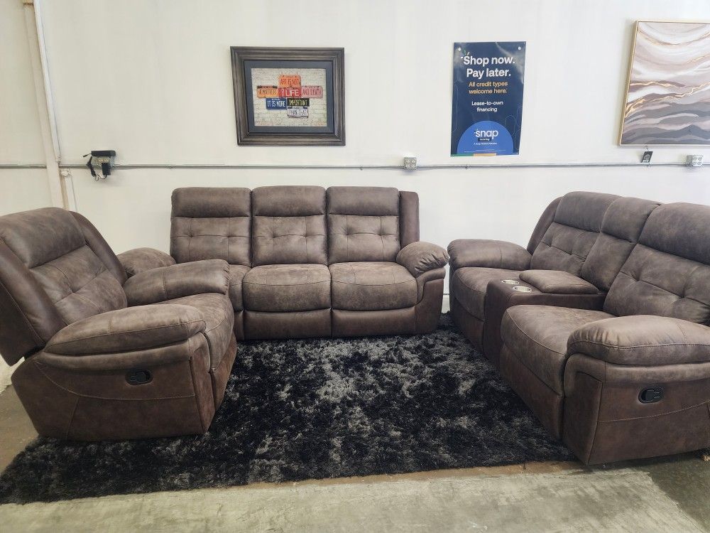 Deal of the Day! Brand New Jiashan Yage Double Padded Rustic Saddle 3pc Reclining Living Room Set