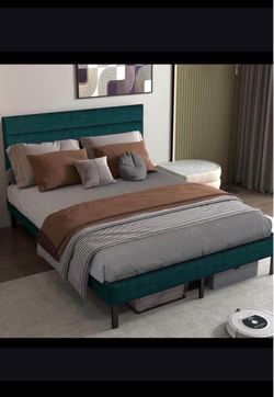 Queen Bed Frame with Headboard -Green/Teal
