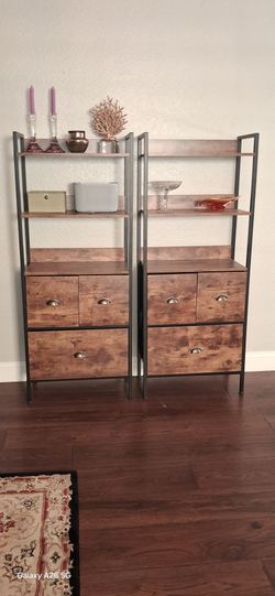 Behost 5 Tier 60 inch Tall Bookcase Open Bookshelf with Drawers, Wood, Metal and Fabric, Rustic Brown