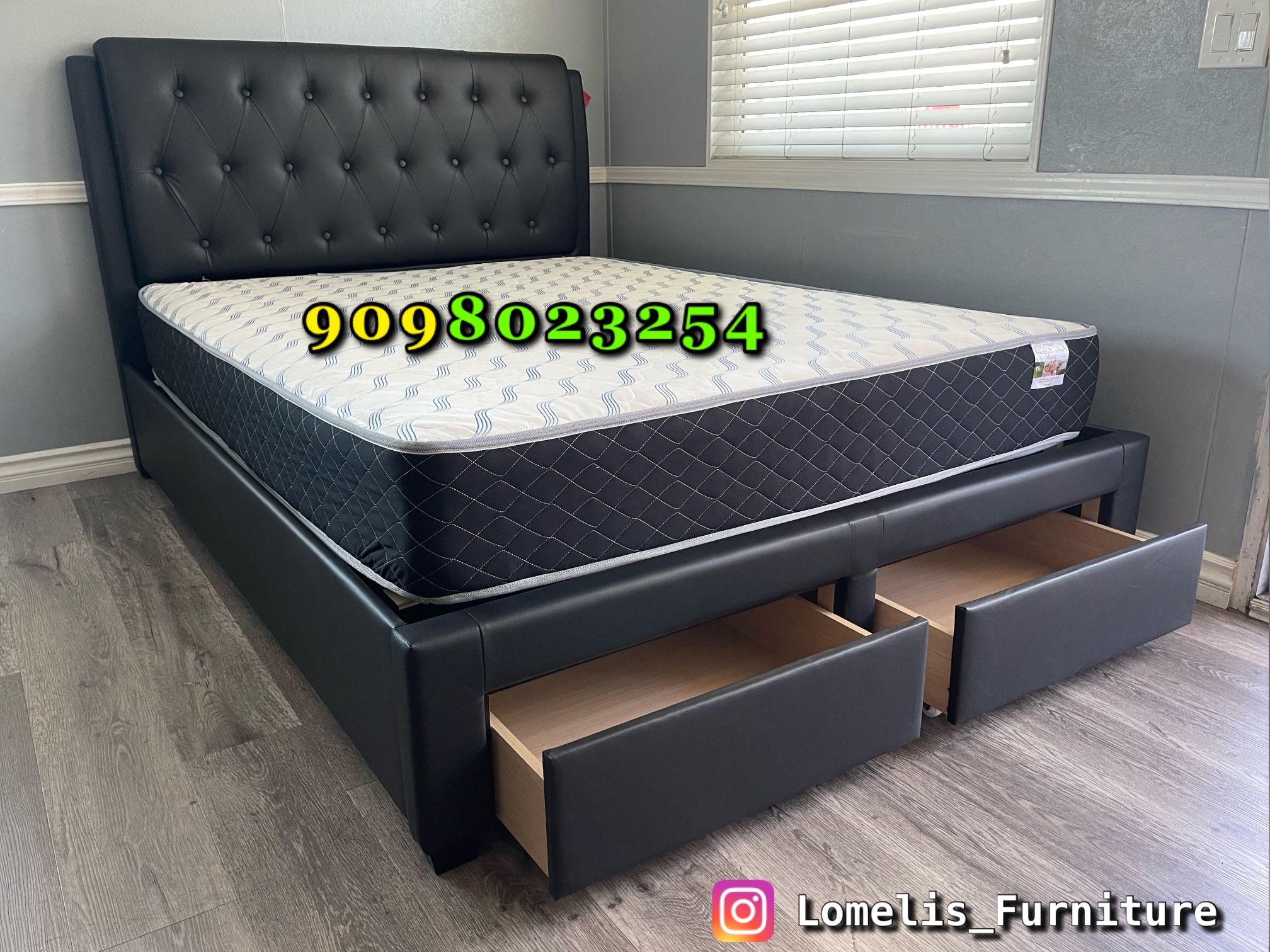 Queen Black Euro Tufted Bed w. Drawers & Orthopedic Mattress Included 