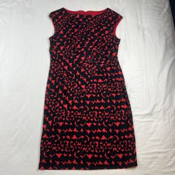 INC Red Black Heart Print Ruched Sheath Dress Women’s Sz 12 Lined Stretch 