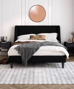 Full Size Platform Bed Frame with Fabric Upholstered Wingback Headboard