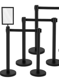 Crowd Control Stanchion Set Safety Barrier Posts Retractable Belt 5Pk