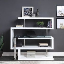 CHIC MODERN WHITE FINISH GLASS L SHAPE BOOKCASE SWIVEL FUNCTION HOME OFFICE DESK - ESCRITORIO