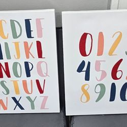 One Alphabet & One Number picture frames wrapped in canvas, a hanging hook on the back is included all in Excellent condition. 
Great for teaching kid