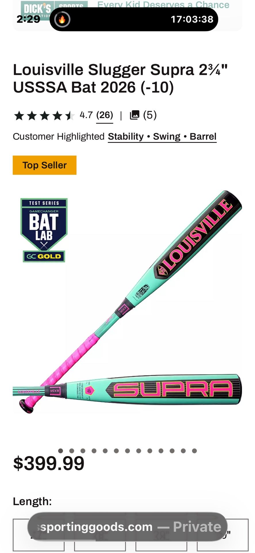 Louisville Slugger Supra 2¾" USSSA Bat 2026 (-10)