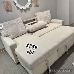 2-Piece Sectional with Right Chaise and Drop-Down Cup holders, Storage Pouch, Pull-out Bed and Hidden Storage