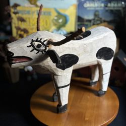 Rustic Vintage Wooden White & Black Cow Decor with Natural Branch Horns 