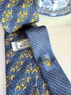 Vintage Gianni Versace Silk Tie Blue Gold Baroque Scroll Greek Key Medusa Made in Italy
