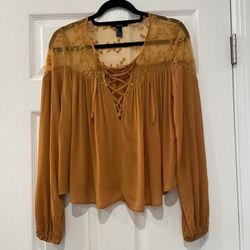 Forever 21 Mustard Cropped Lace Up Blouse