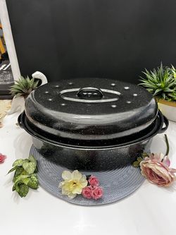 Large Black Enamel Roaster Pan w/ Lid 🍗 Oval Baking & Roasting Pan