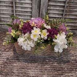 Ht-8in Width-17in HANDMADE artificial Purple Peonies /white Floral In A Wood Box With Ferns On Front 