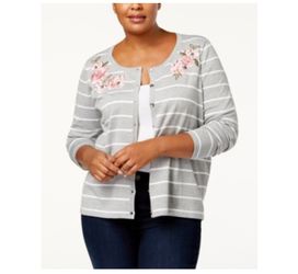 Karen Scott Plus Size Embroidered Striped Cardigan