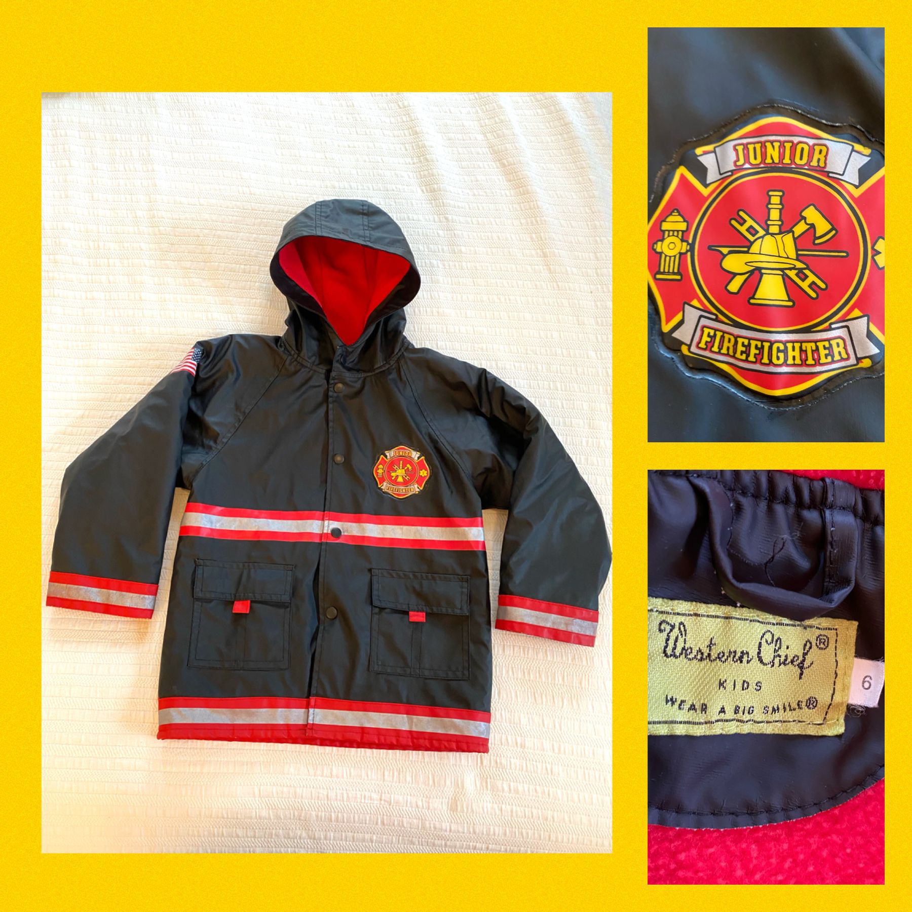 Western chief firefighter 👩‍🚒 rain jacket in little boys size 6T. It has a hood and is water resistant. Snap buttons. Still very cute but the cuffs 